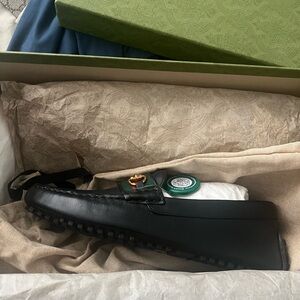 Gucci Black Leather Bit Driving Loafers with Green-Red Web